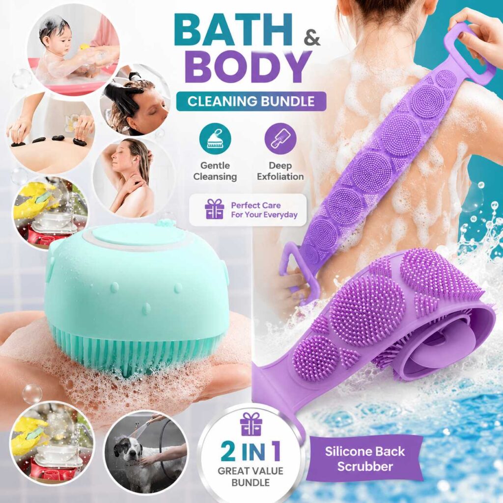 Silicone Bath Brush And Silicone Back Scrubber Care Bundle For Deep Cleansing