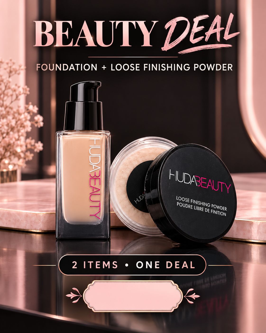 Huda Beauty 2 In 1 Makeup Deal Foundation And Loose Finishing Powder