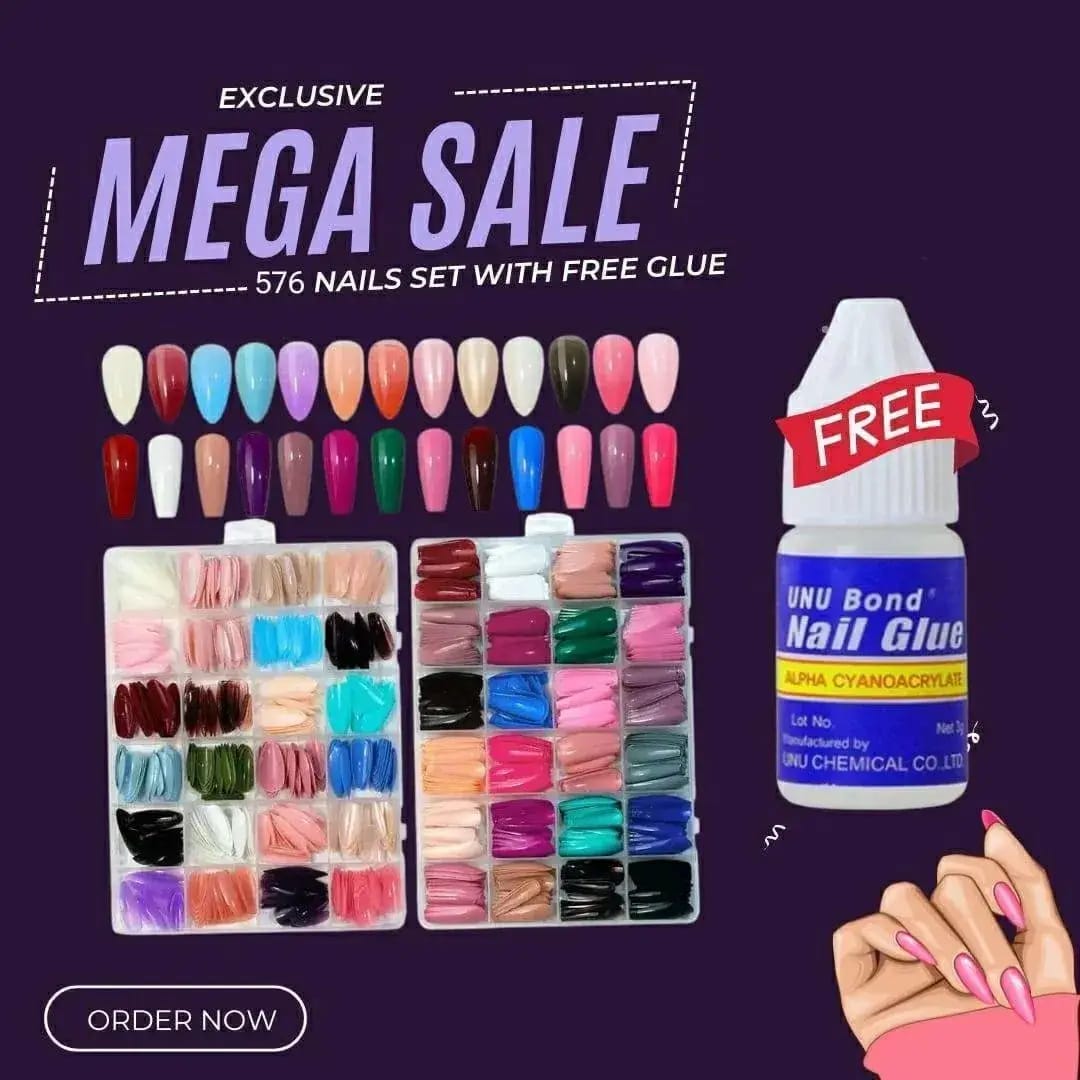 576 Pcs Multicolor Stick-On Artificial Nails Box with Free Glue – image 2