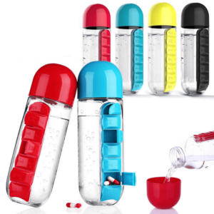 2 In 1 Water Bottle With Built In 7 Day Pill Organizer And Cup Cap Durable